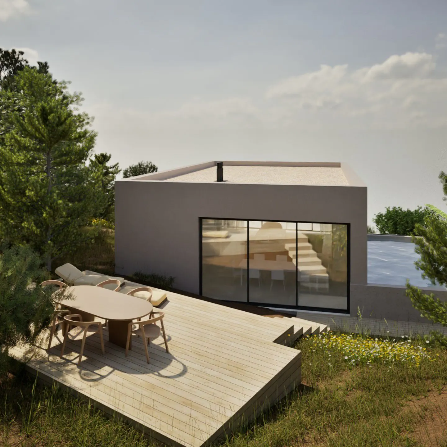 Modern gray house with a flat roof, large window, and a wooden deck with a table and chairs. A pool is visible on the right.