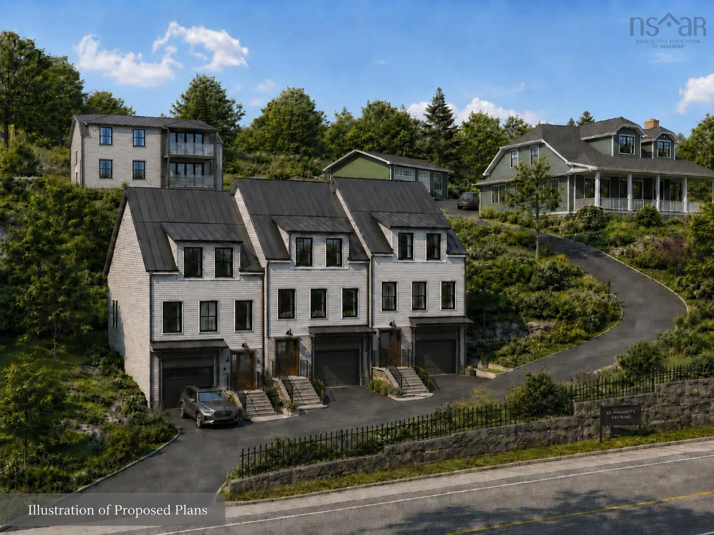 Illustration of three-story white townhouses with black roofs and garages on a green hillside. A car is parked in front.