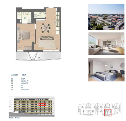 Real estate image showing a floor plan, building exterior, and interior renderings of a modern apartment.