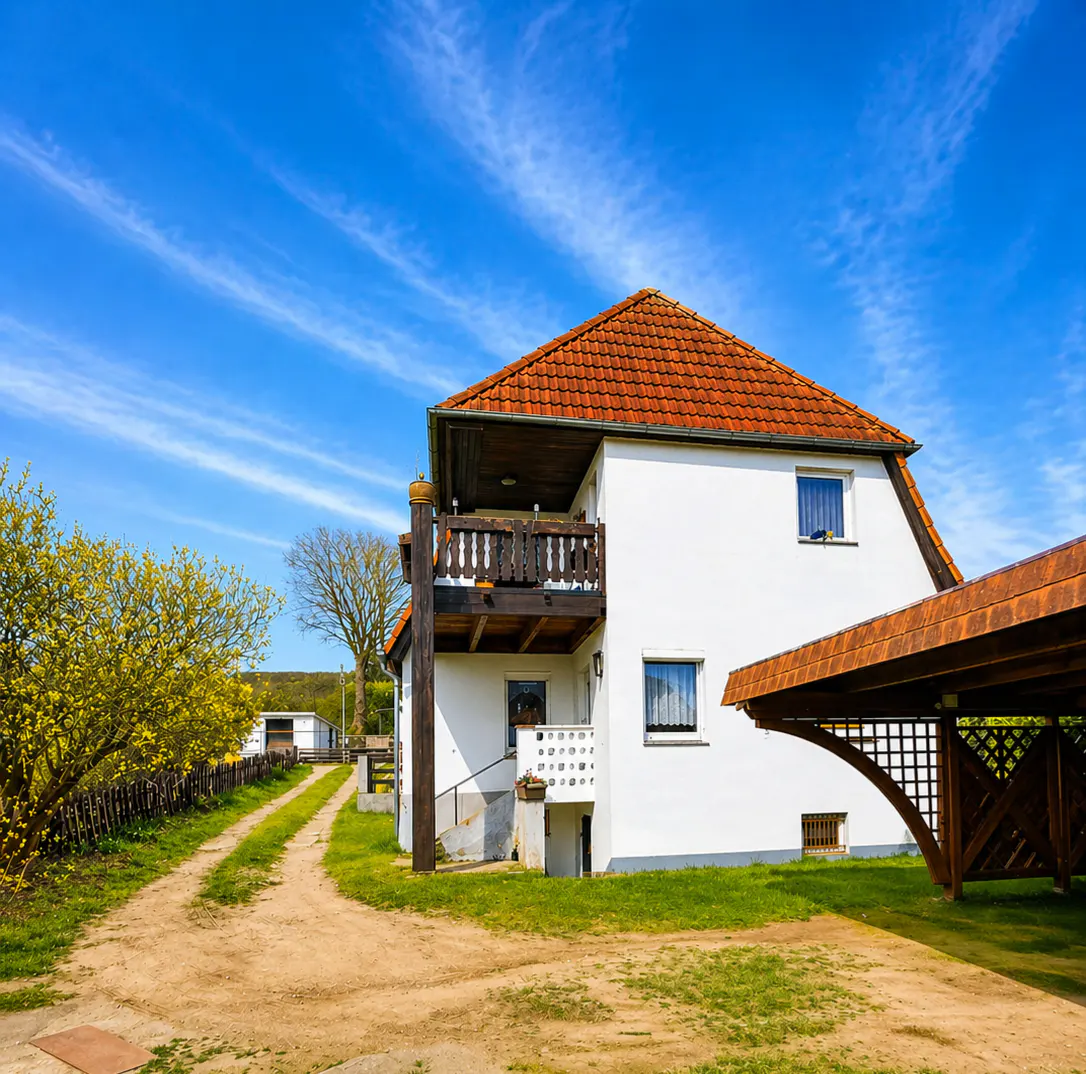 Exterior of a two-story white house with a red tile roof and a wooden balcony under a blue sky. A dirt driveway leads to the house.