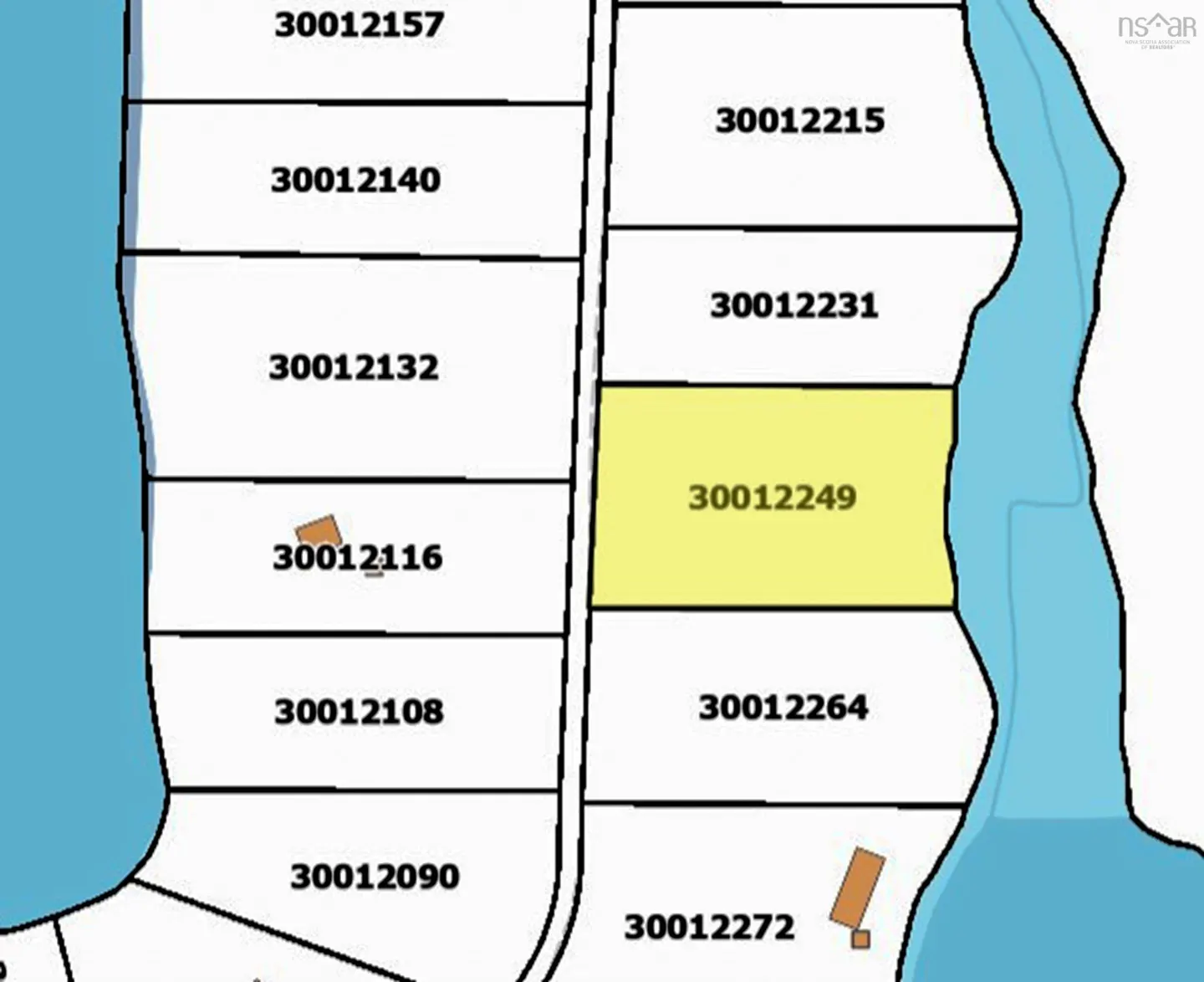 Real estate map showing a yellow lot, 30012249, bordered by a blue river.