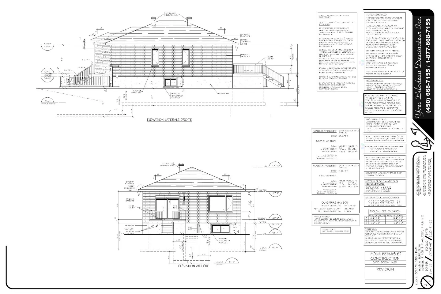 Architectural blueprint of a house showing side and rear elevations with dimensions and notes.