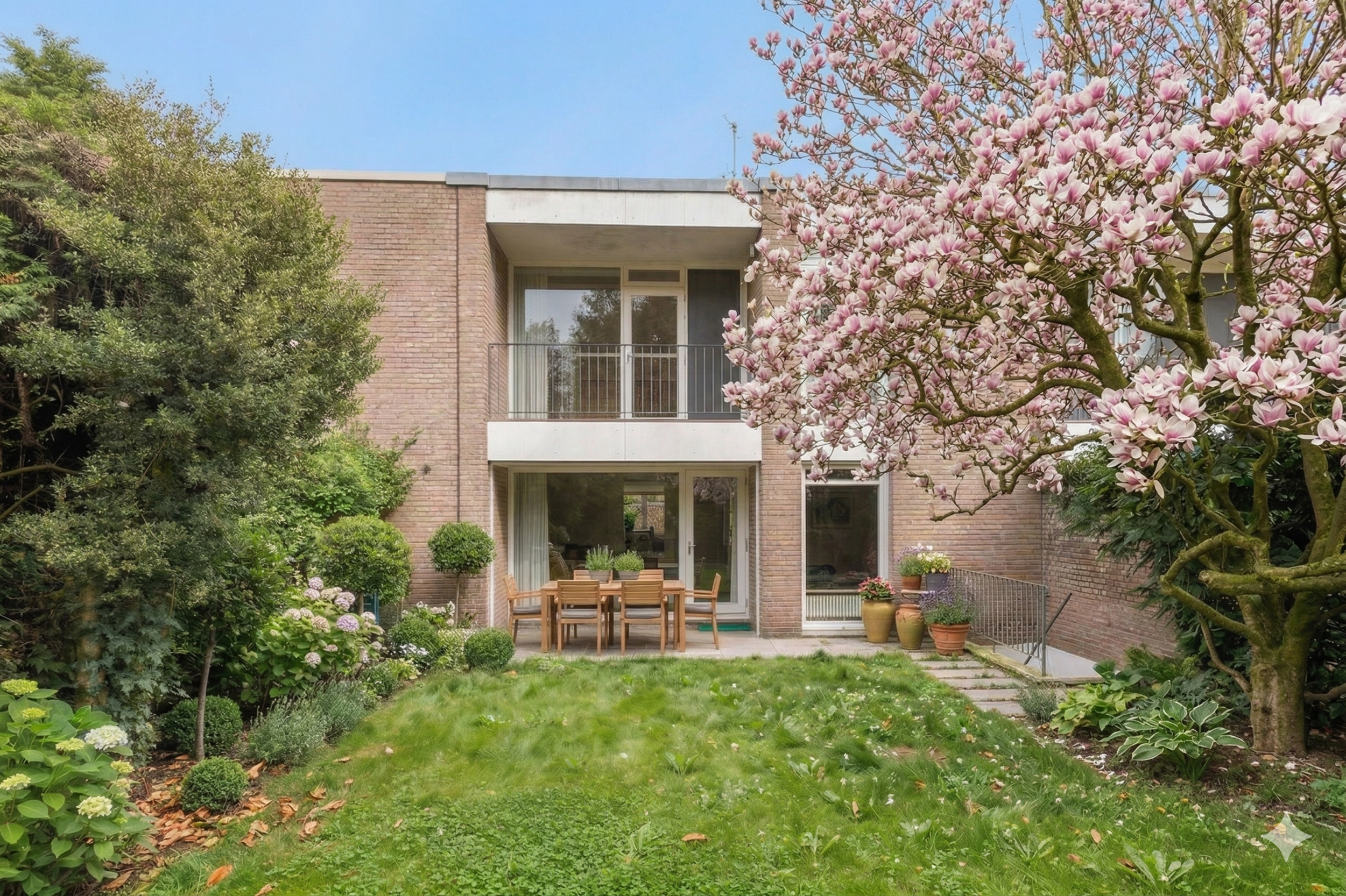 Brick house with a patio, table, and chairs. A large magnolia tree with pink blossoms is on the right. Green lawn and garden.