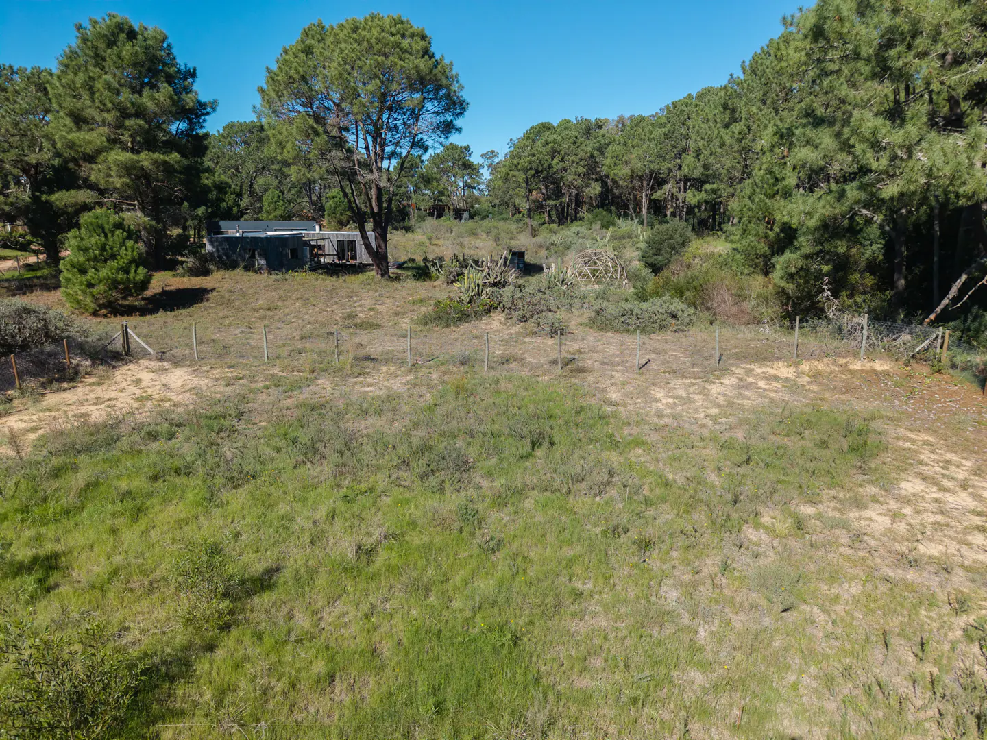 A grassy lot with a fence line, backed by trees and a small building under a clear blue sky.