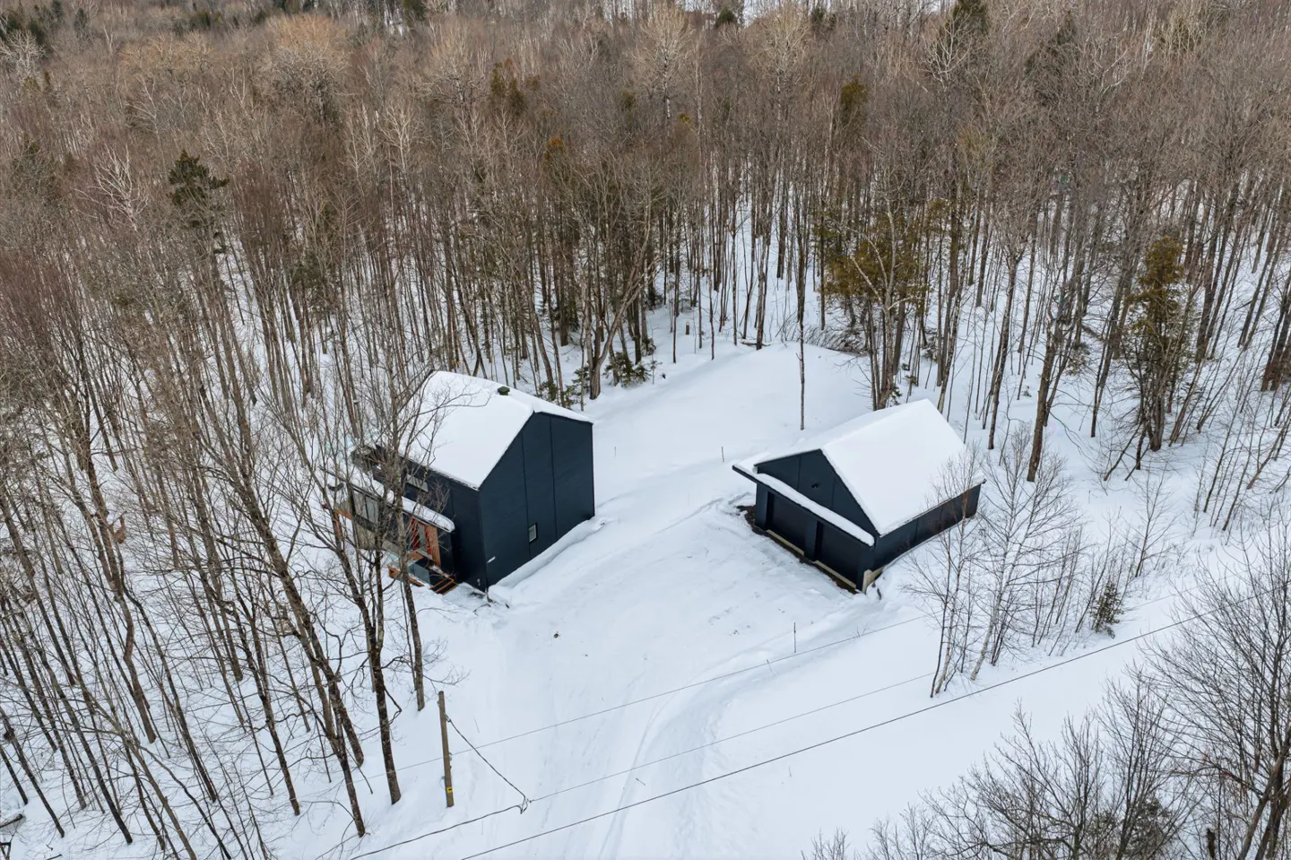 Aerial view of two modern, dark blue houses with snow-covered roofs, nestled in a snowy forest.