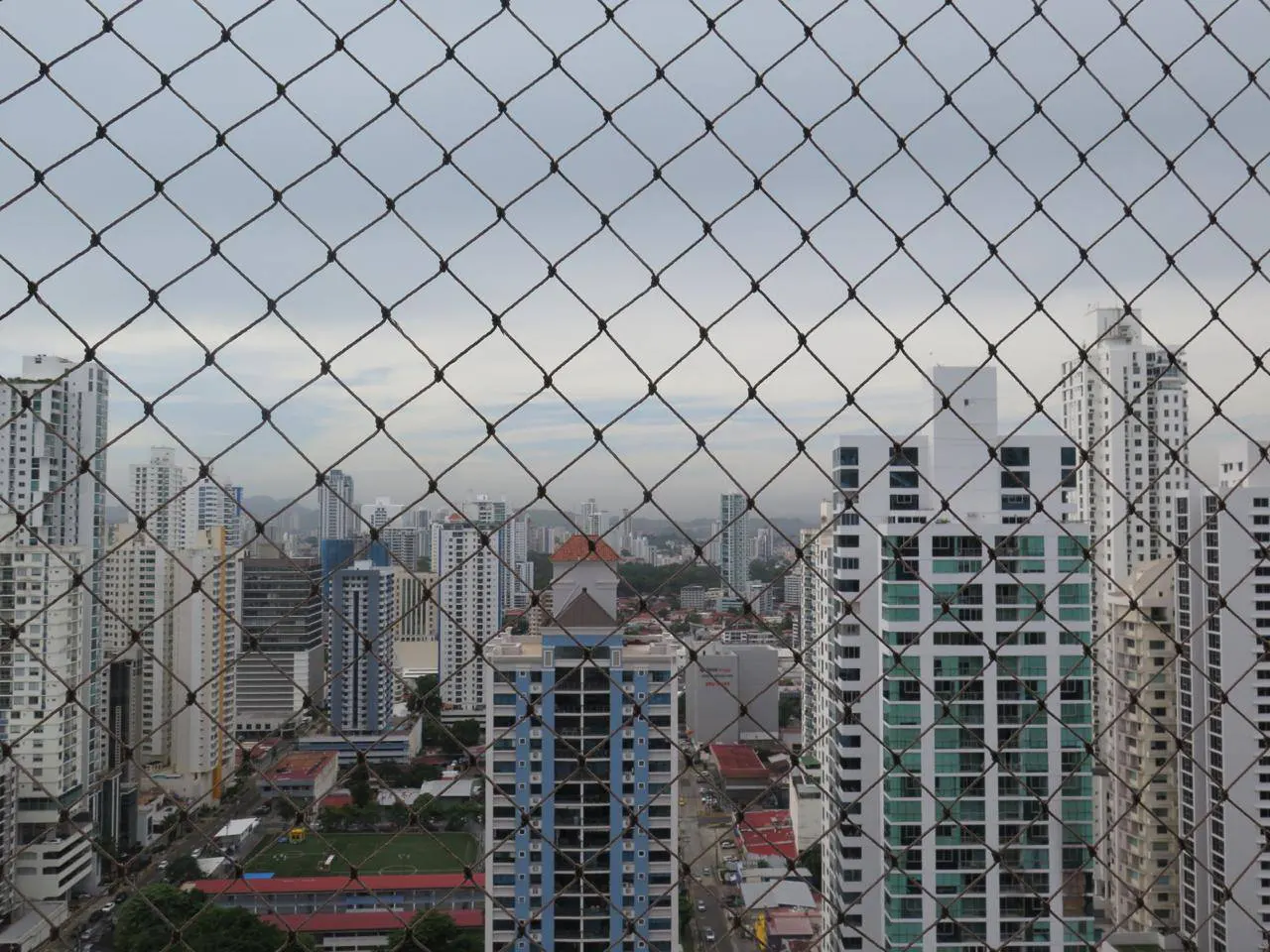 View of a city skyline through a black safety net. High-rise buildings are visible in the background under a cloudy sky.