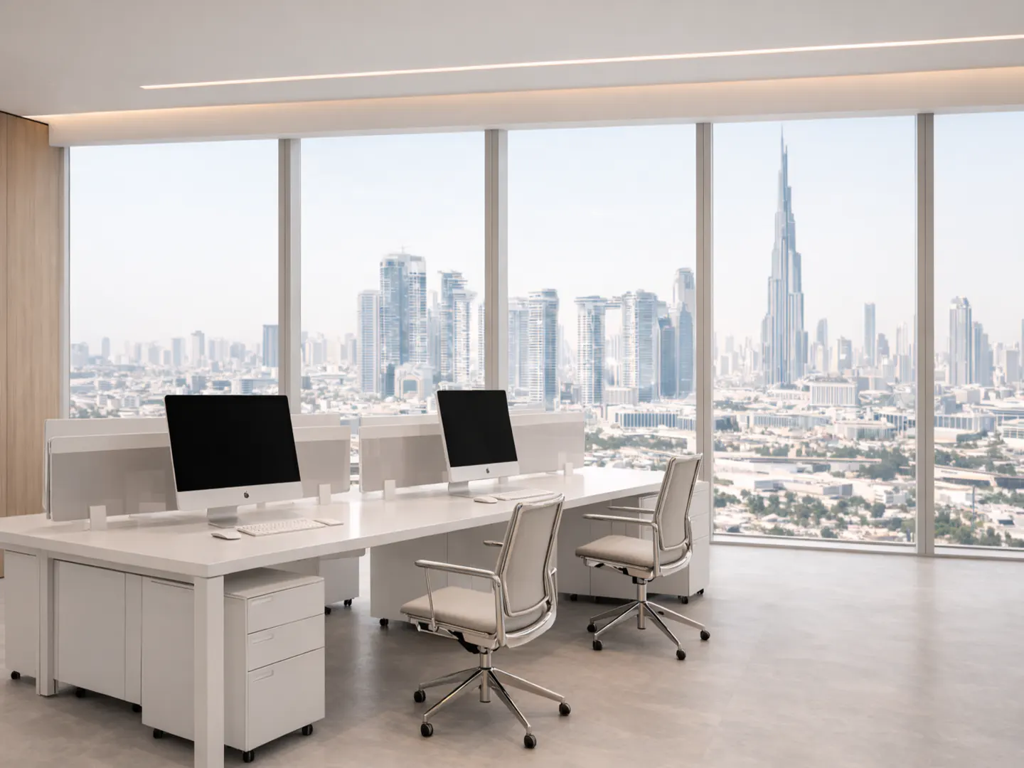 Modern office with white desks, computers, and chairs overlooking the Dubai skyline and Burj Khalifa through large windows.