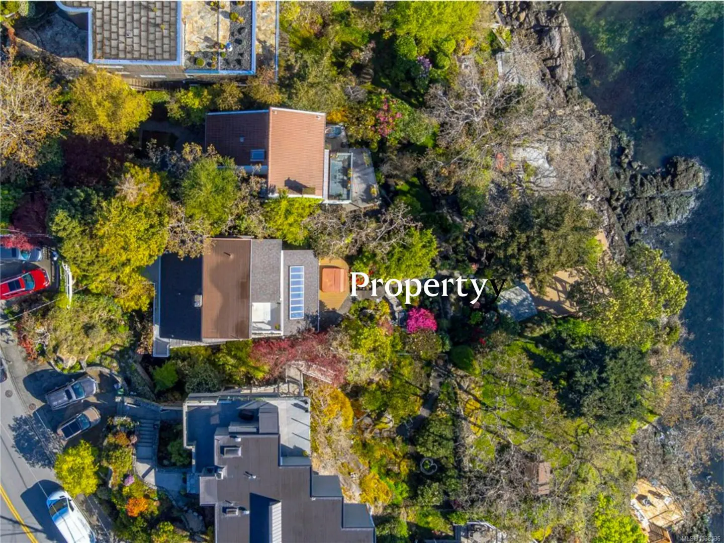 Aerial view of a property with multiple houses surrounded by lush greenery, near a rocky coastline and blue ocean.