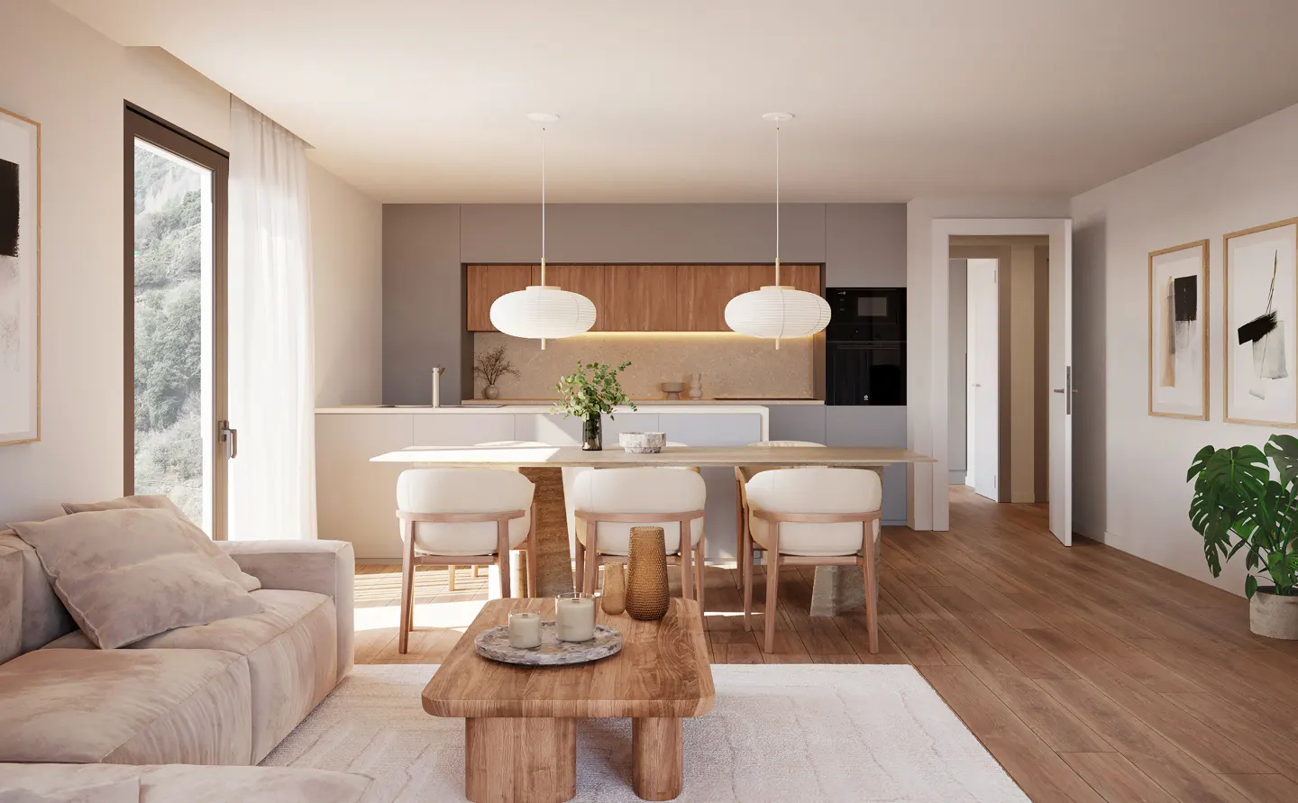 Modern open-plan living area with a beige sofa, wooden coffee table, dining set, and kitchen with warm wood cabinetry.
