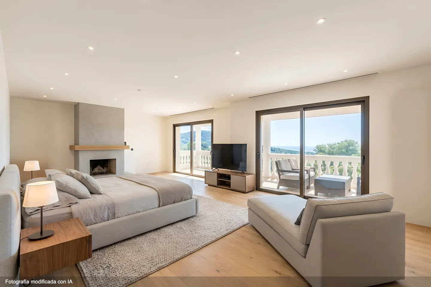 A bright, spacious bedroom with a king bed, fireplace, TV, and balcony overlooking a scenic view. Neutral tones and modern furniture create a relaxing atmosphere.