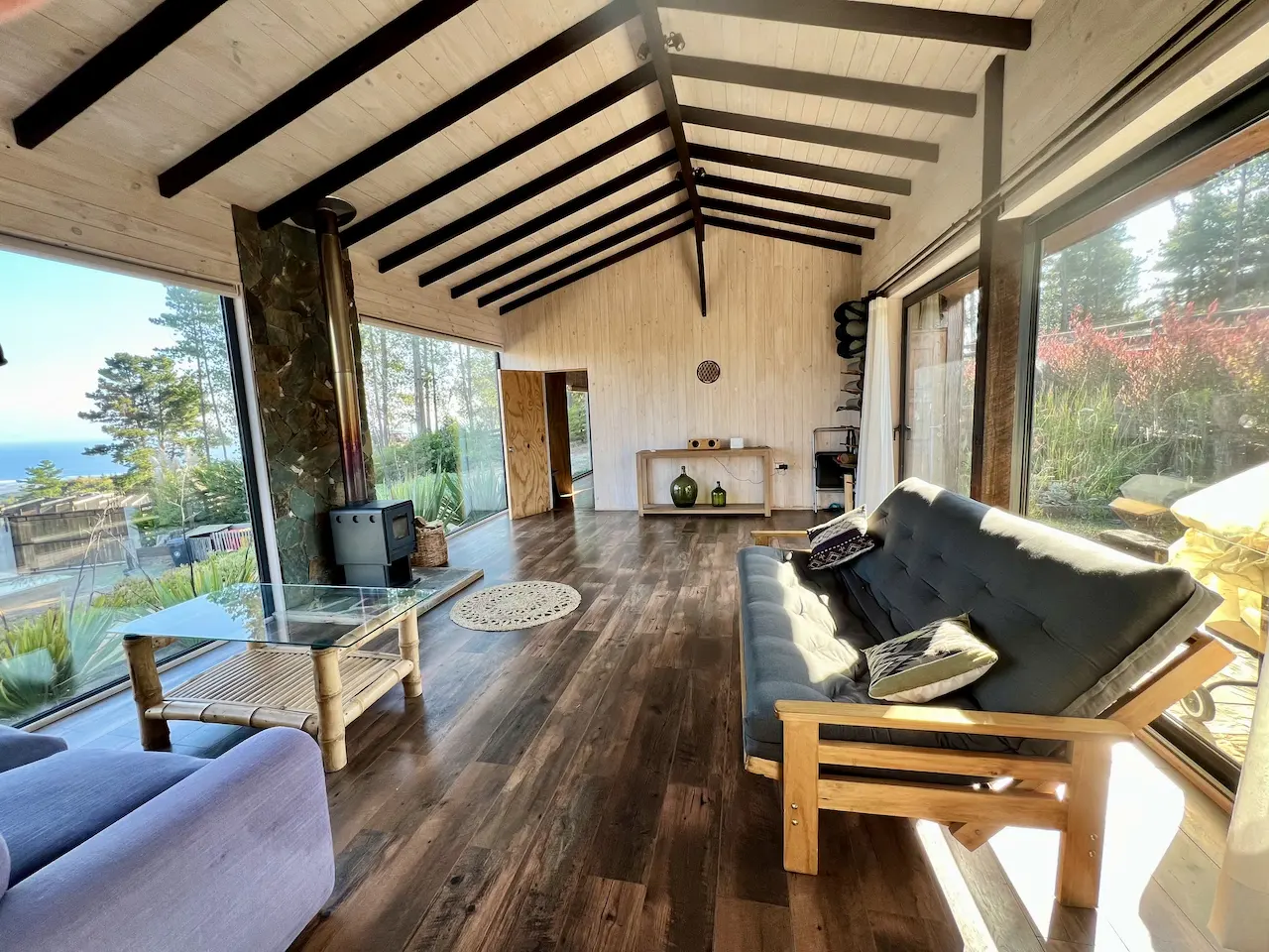 A bright living room with wood floors, a gray futon, and a wood-burning stove by a large window with an ocean view.