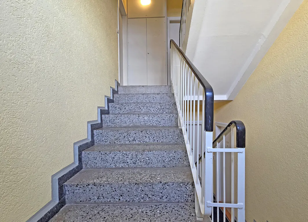 Staircase with speckled grey stone steps, white metal railings, and pale yellow walls leading to a closed white door.