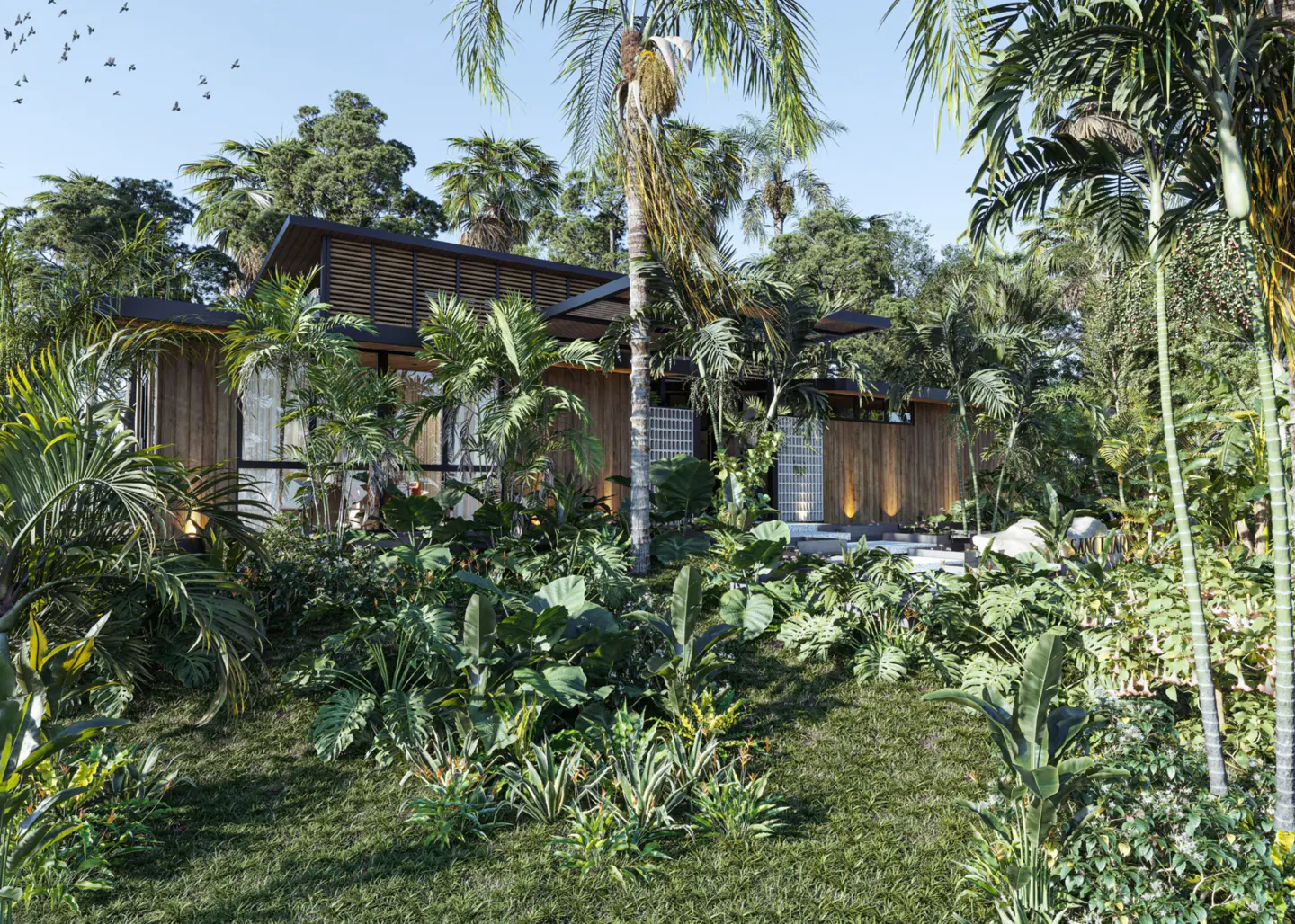 Modern wood home surrounded by lush green tropical plants and palm trees under a blue sky.