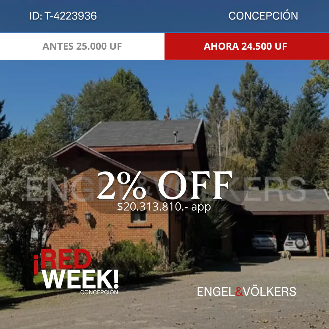 Real estate ad showing a brick house with a 2% off promotion. The house has a carport with two cars parked inside. Trees surround the property.