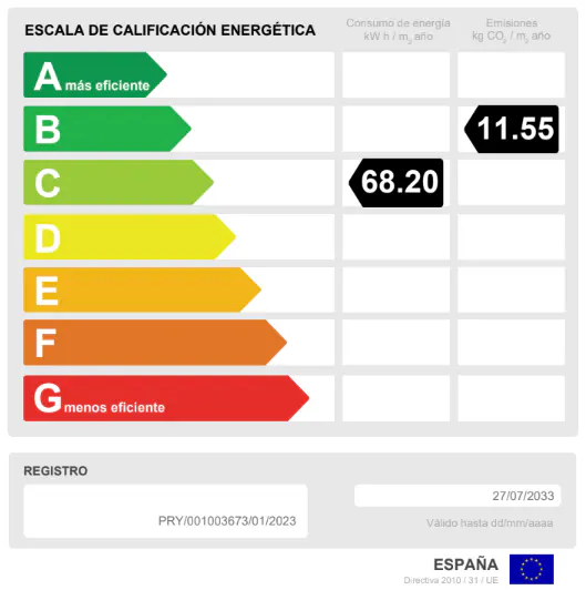 Energy efficiency scale from A to G, with C at 68.20 kWh/m2 year and 11.55 kg CO2/m2 year. Valid until 27/07/2033.