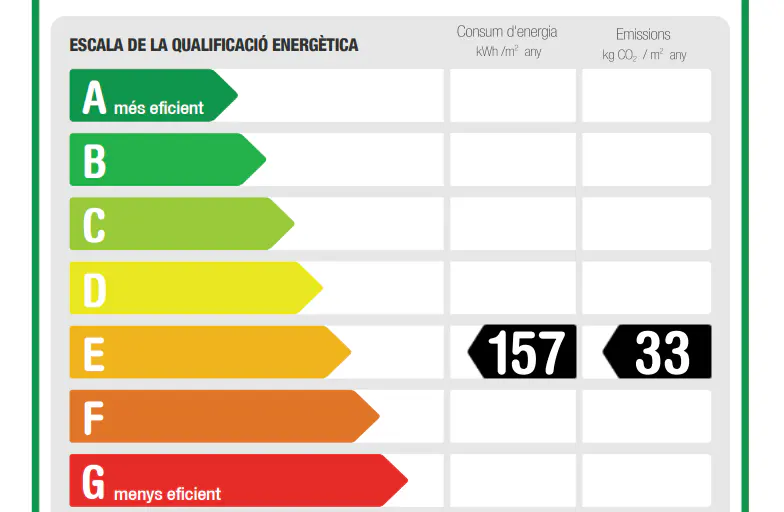 Energy efficiency scale with colored arrows from A to G. The E arrow has values of 157 kWh/m² and 33 kg CO₂/m².