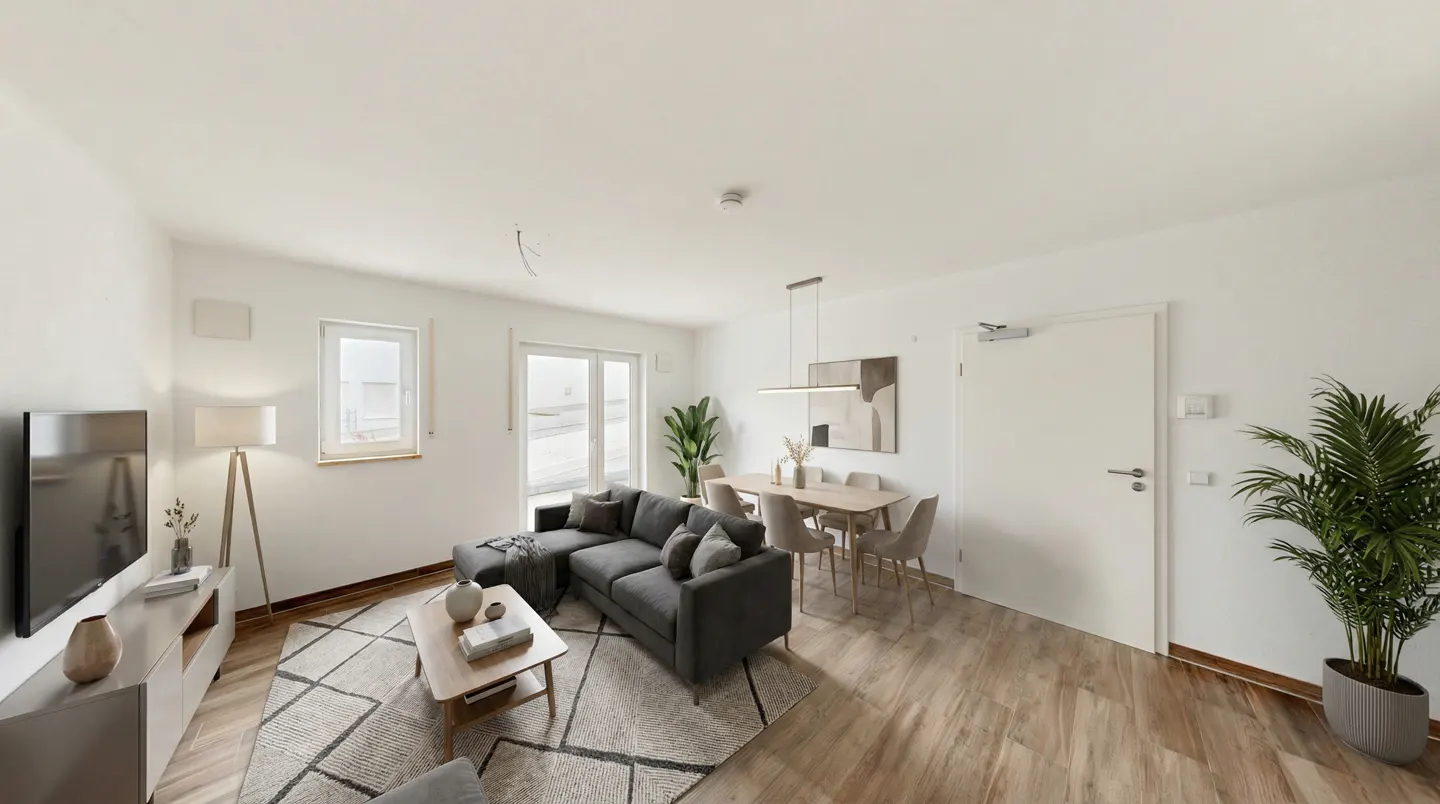 Bright, modern living room with gray sectional sofa, dining table with chairs, wood floors, and large windows.