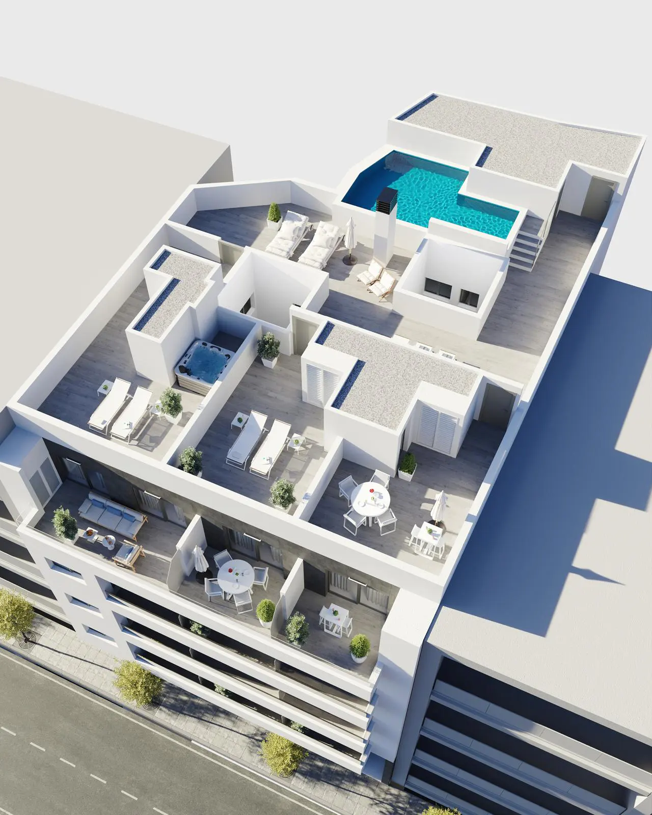 Aerial view of a white building with balconies, a rooftop pool, hot tub, lounge chairs, and outdoor dining areas.