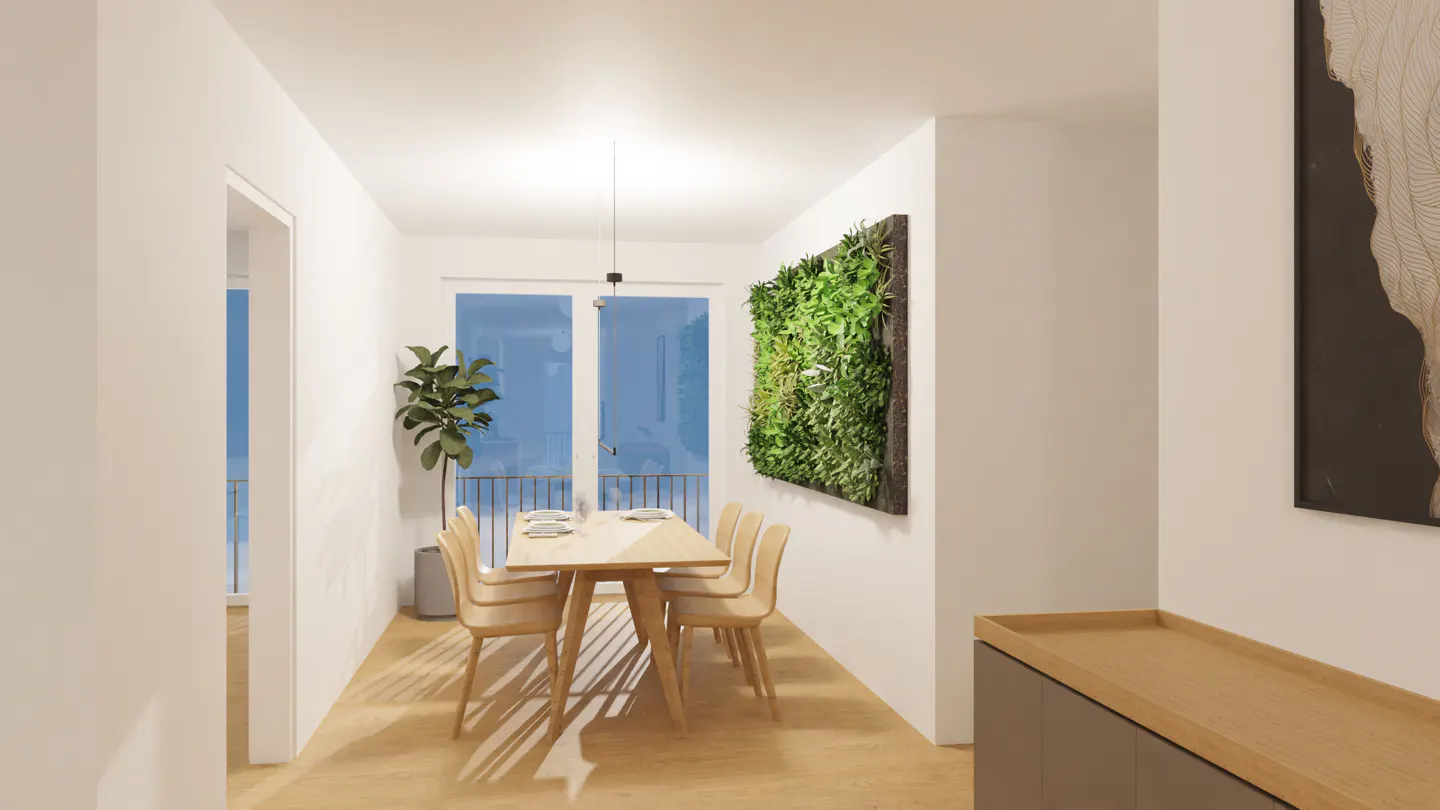 Bright dining room with wood table, chairs, and floor. A green wall art piece hangs near a balcony door. A large abstract art piece is on the right.