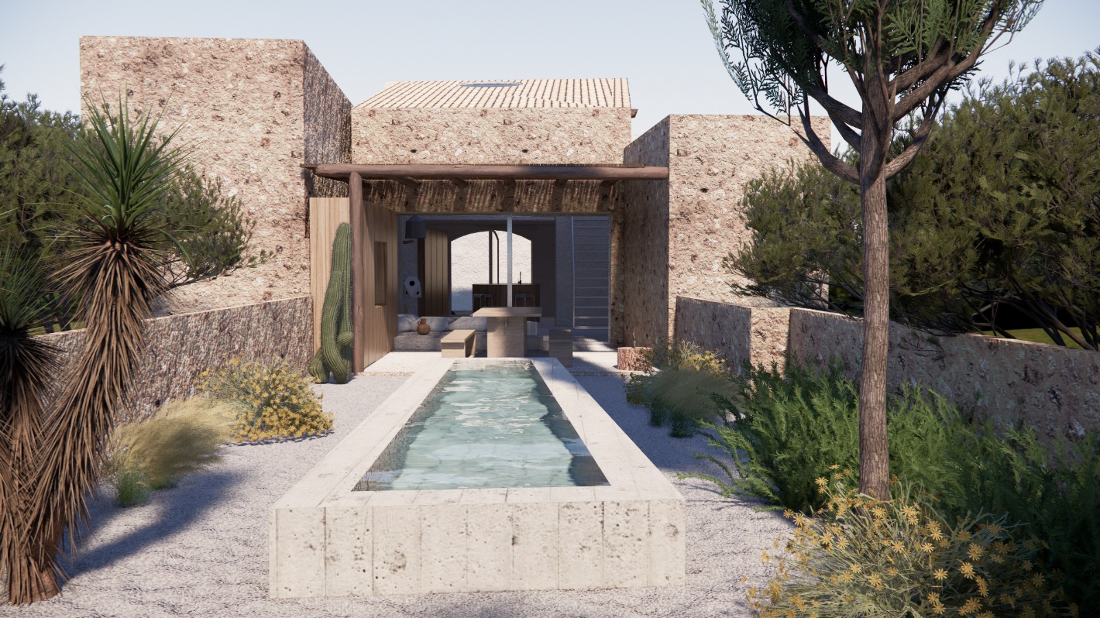 A modern stone house with a narrow rectangular pool in a desert-style garden with cacti and gravel landscaping. [AI-generated text]