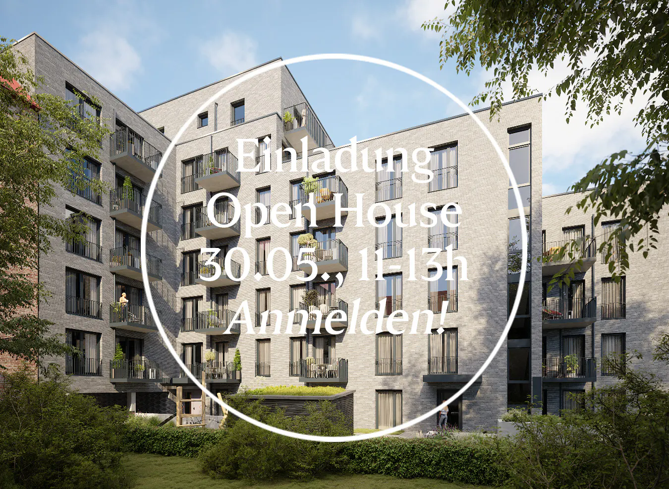 Modern gray brick apartment building with balconies and green landscaping. Text overlay advertises an open house.