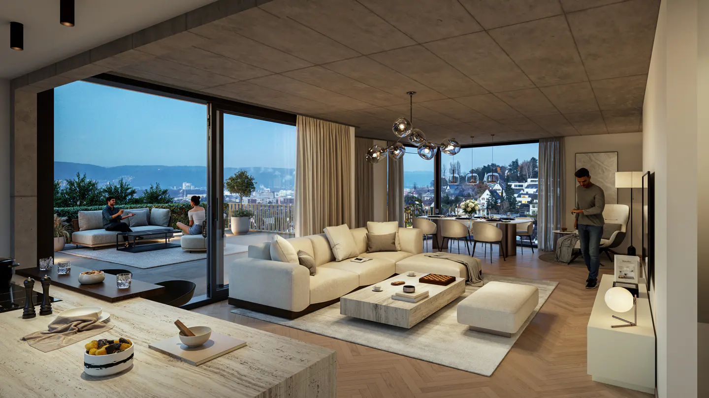 A modern apartment interior with a cream sofa, dining area, and balcony overlooking a cityscape at dusk. A man stands near a TV.