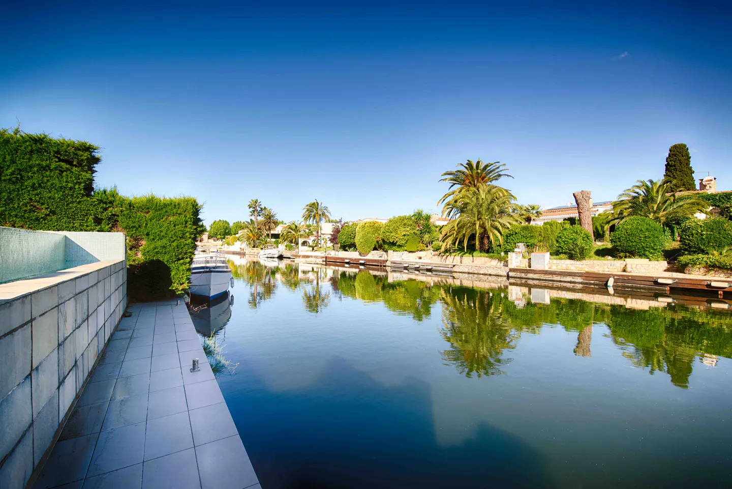 Waterfront property with a canal reflecting palm trees and blue sky. Lush green hedges and tiled patio.