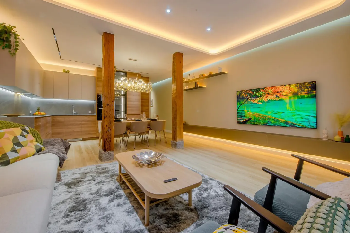 Bright, modern living space with wood pillars, a gray rug, and a TV showing a nature scene. Kitchen and dining area visible.