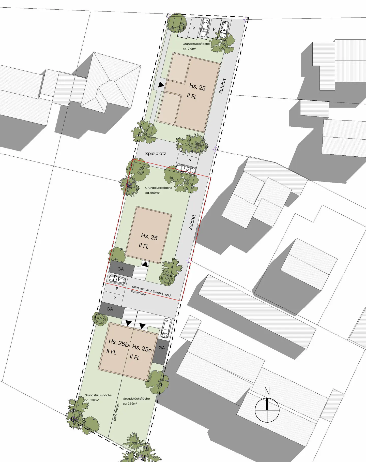 Real estate site plan showing building plots, parking, trees, and surrounding buildings.