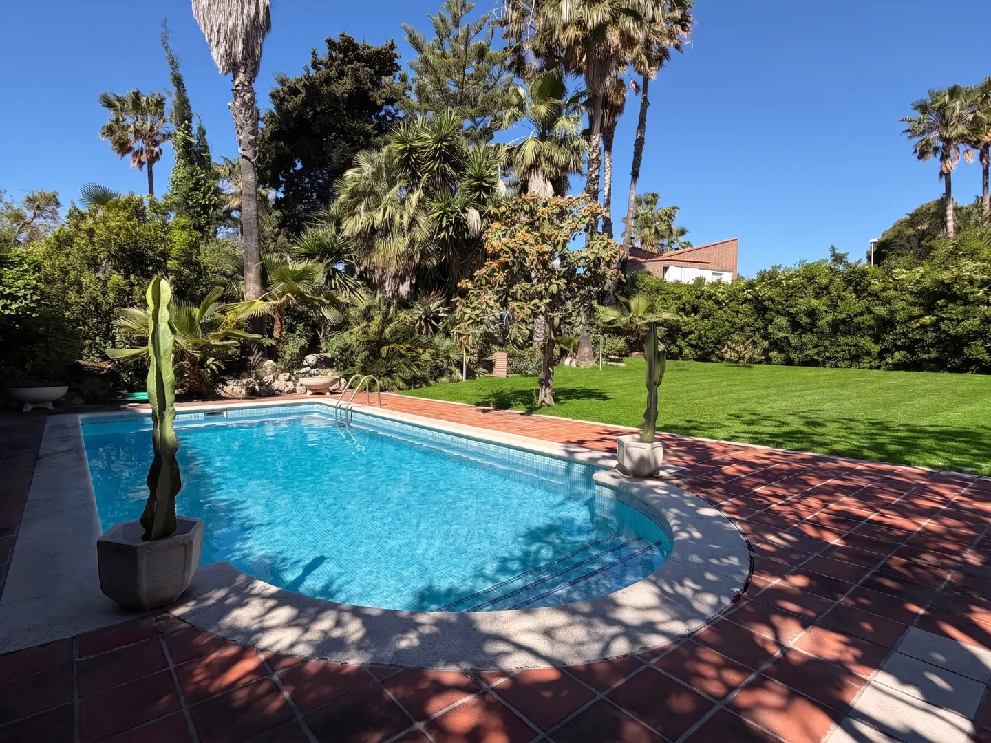 A backyard pool with turquoise water, surrounded by red brick, green lawn, and lush trees under a blue sky.