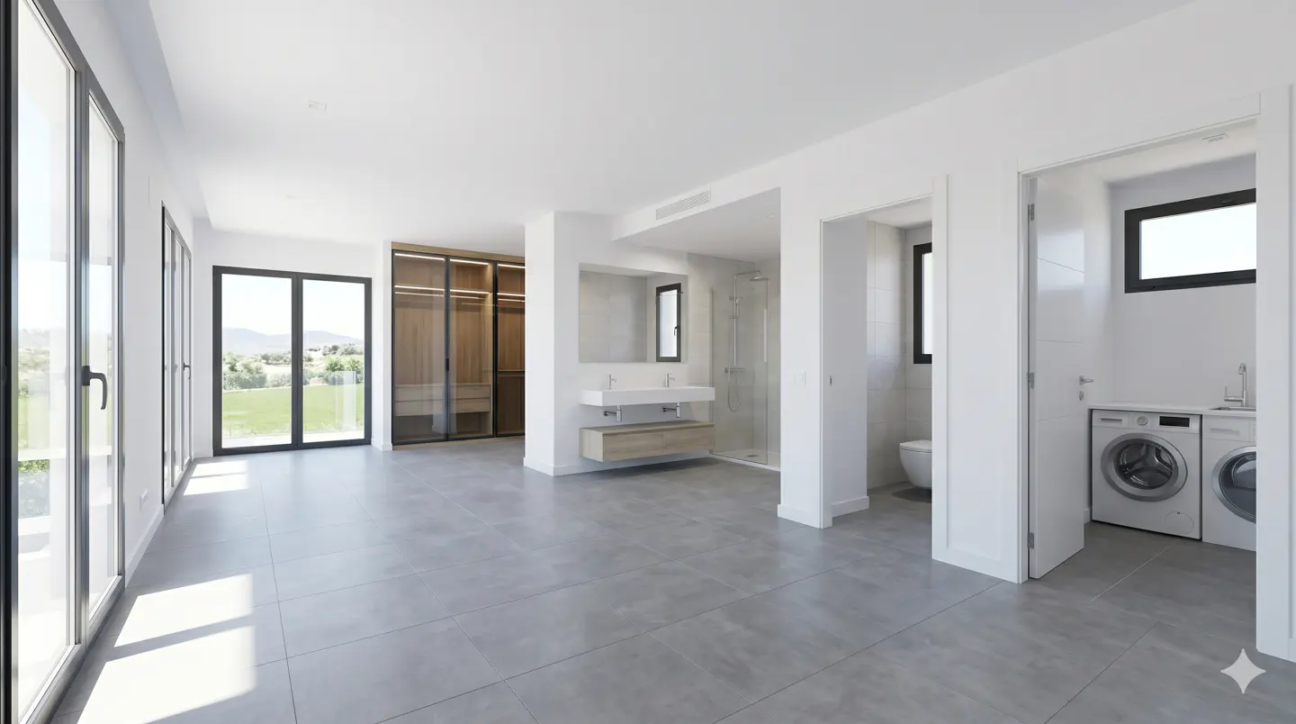 Bright, modern room with gray tile floors, white walls, and large windows. Features a closet, bathroom with shower, and laundry room with washer and dryer.