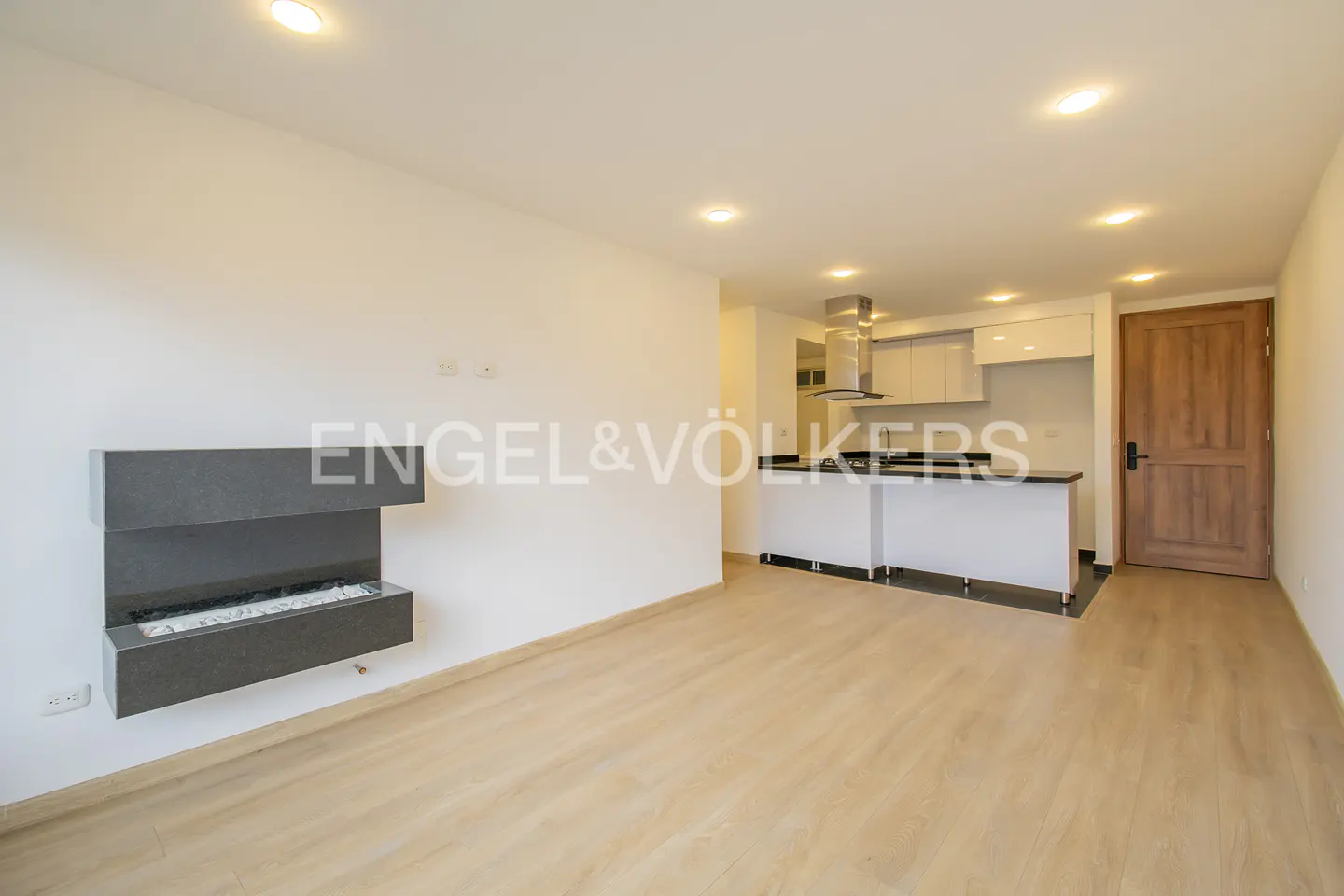 Bright, modern apartment with light wood floors, white walls, and a gray fireplace. An open kitchen with white cabinets is visible.