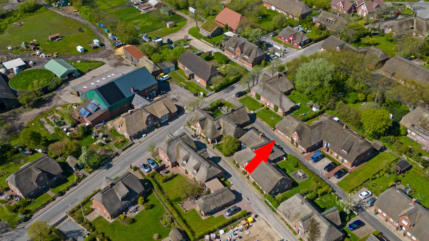Aerial view of a village with thatched-roof houses, green lawns, and an arrow pointing to a property.