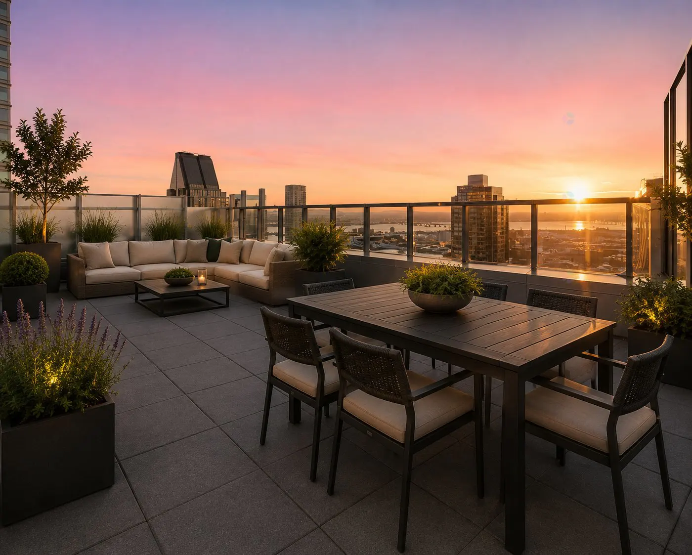 Rooftop patio with a beige sectional, dark table and chairs, and potted plants. A city skyline is visible at sunset.