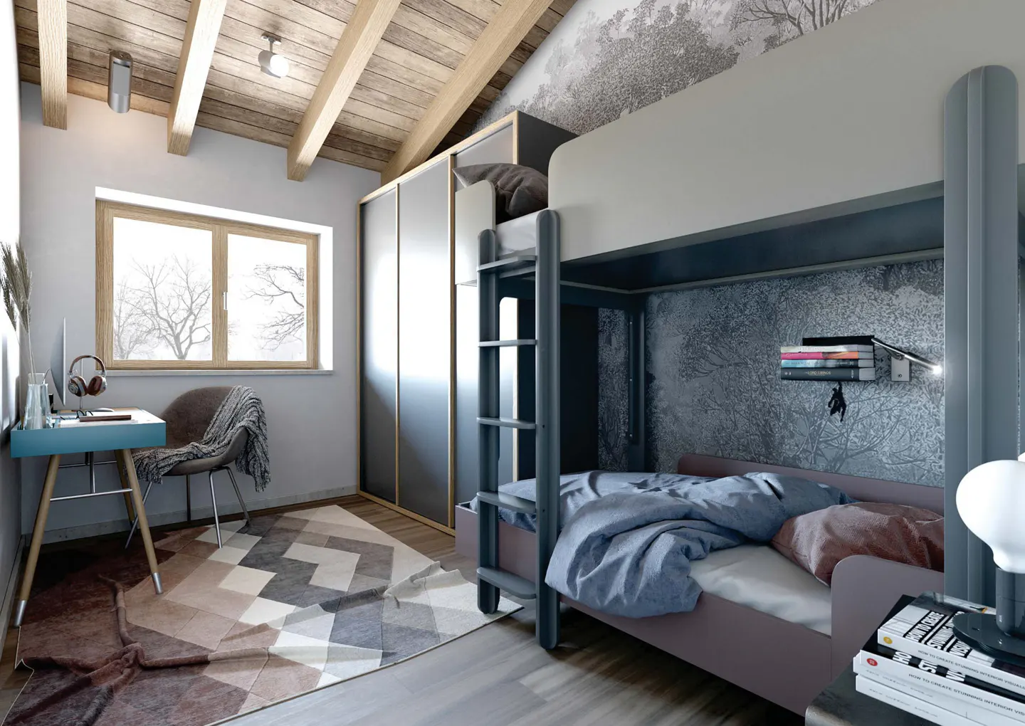 Attic bedroom with a gray bunk bed, blue bedding, and a desk with a computer by the window. The ceiling is wooden.