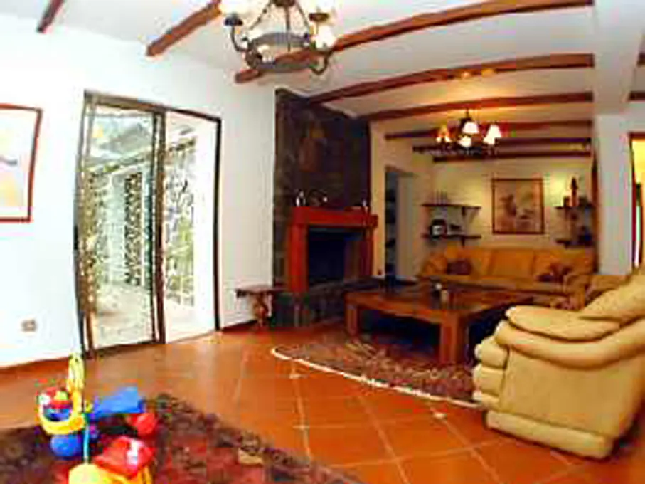 Living room with terracotta tile floor, exposed wood beams, stone fireplace, and tan sofa. Child's toys on rug.
