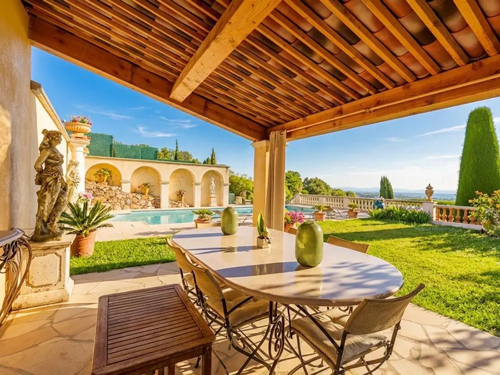 Covered patio with dining table overlooking a pool and manicured lawn. Arched wall, statues, and blue sky in the background.