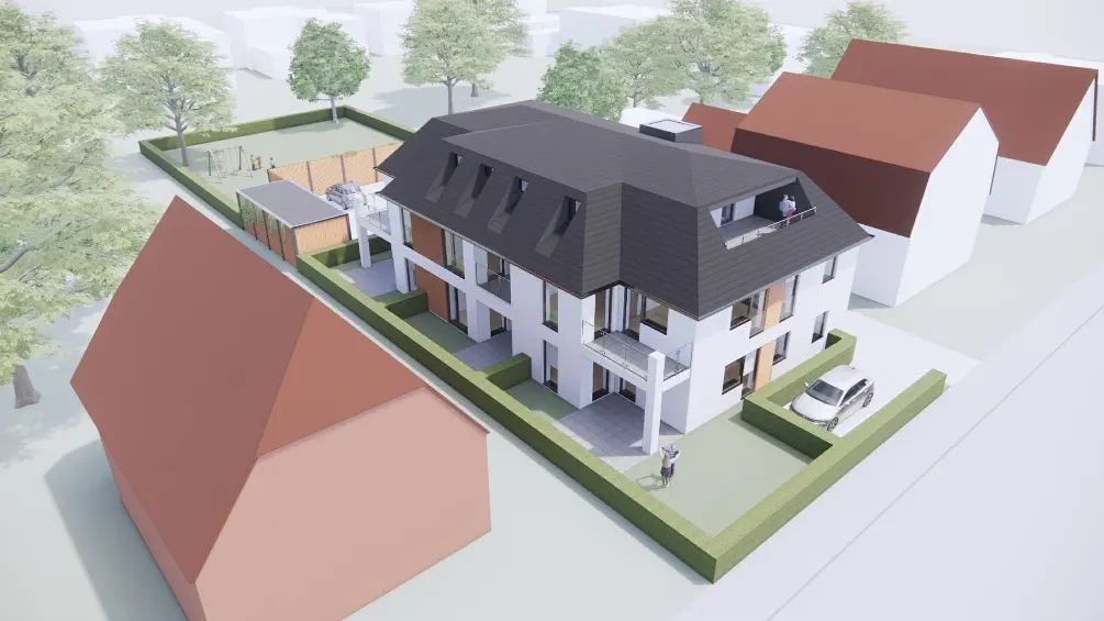 Rendering of a white, three-story townhouse with a dark gray roof, balconies, and a small yard with a car parked in the driveway.