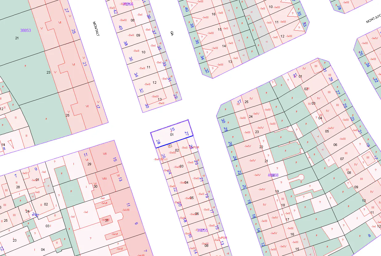 Real estate map showing property lines in red and green, with lot numbers in black. A blue outline highlights a specific parcel.