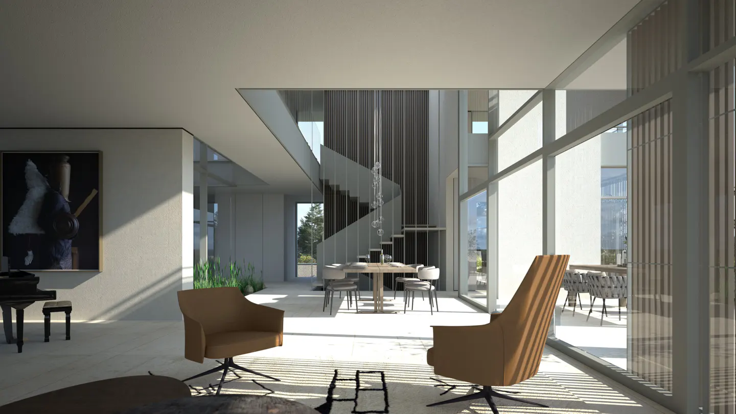 Bright, modern living room with tan chairs, a piano, and a staircase visible through a large opening. Sunlight streams through the windows.