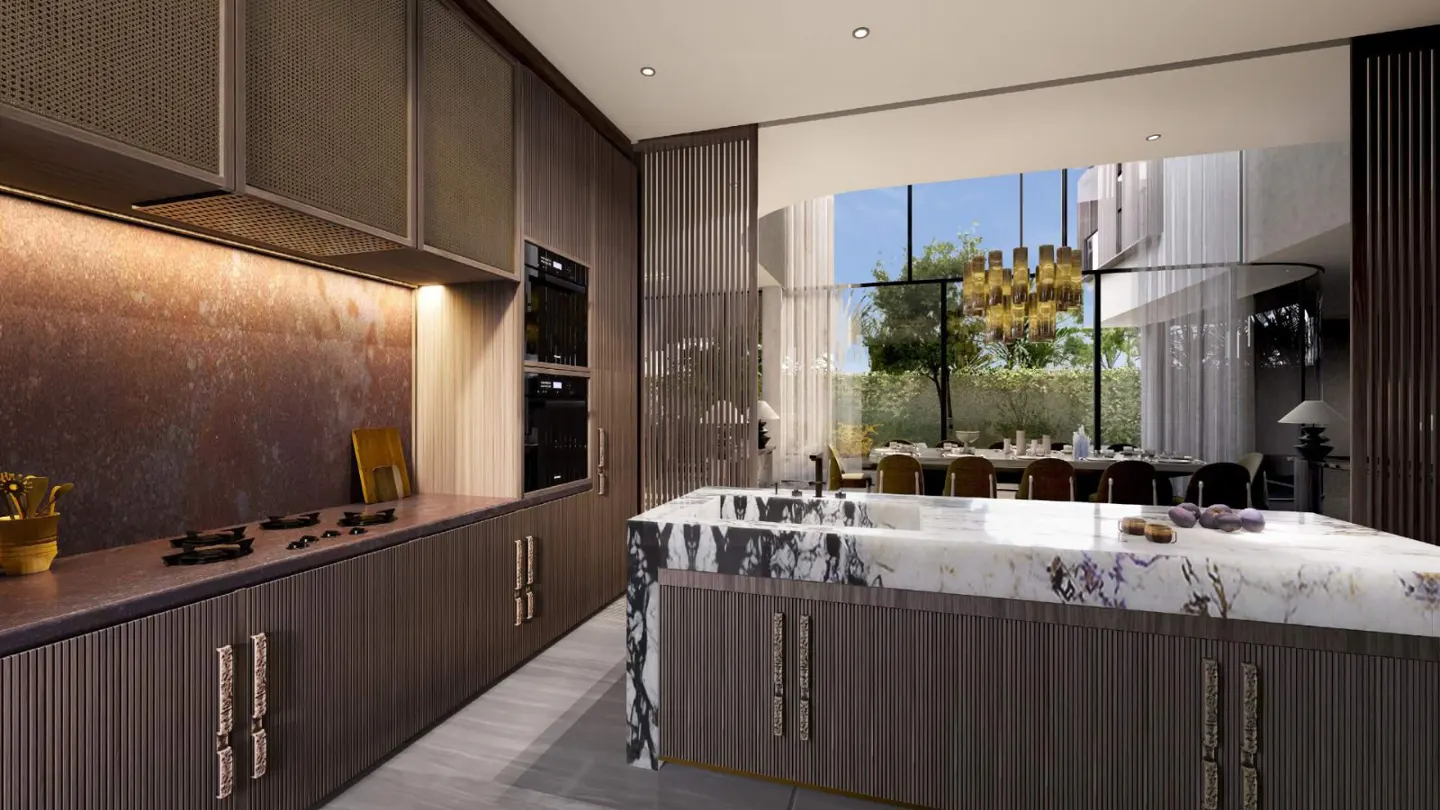 Modern kitchen with dark wood cabinets, a white marble island, and a view of an outdoor dining area through large windows.
