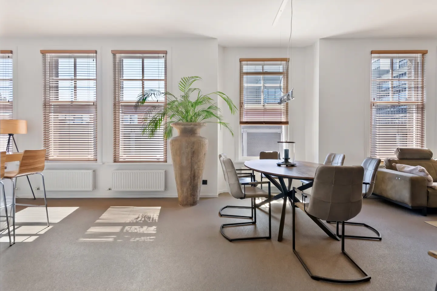 Bright dining room with an oval table, six chairs, and a large plant in a tall vase near windows with wooden blinds.