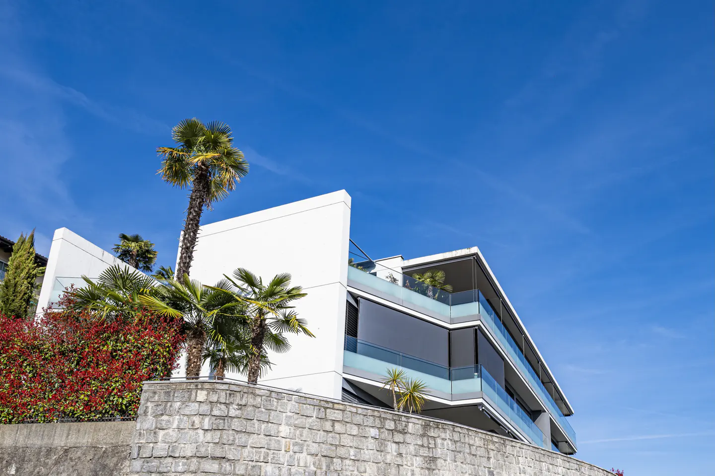 Modern white building with glass balconies, set against a clear blue sky. Palm trees and red bushes add a tropical touch.