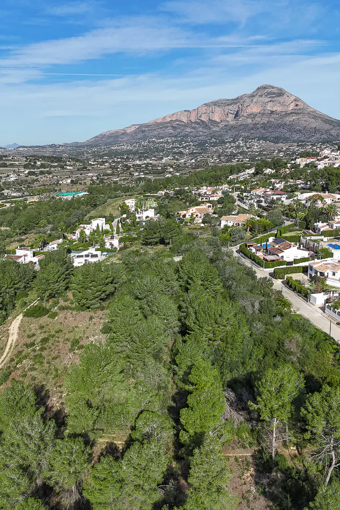 Landscape view of a residential area with green trees and white houses, with a mountain in the background under a blue sky.