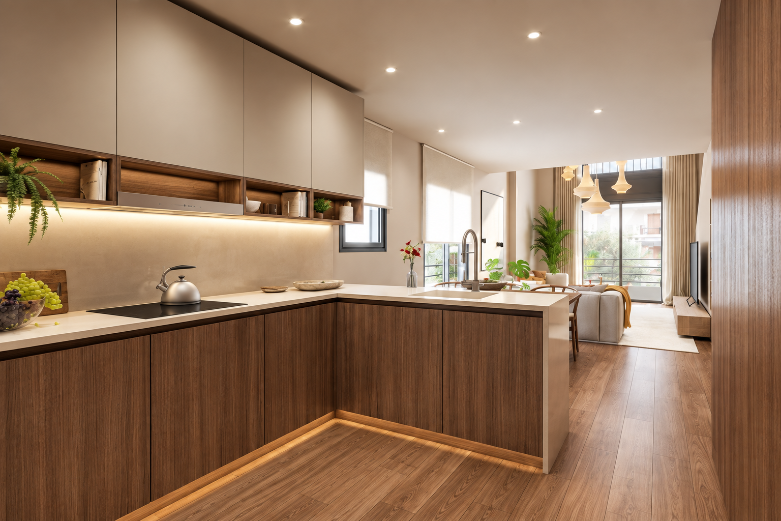 Modern kitchen with wood cabinets, white countertops, and under-cabinet lighting, opening into a bright, airy living area. [AI-generated text]