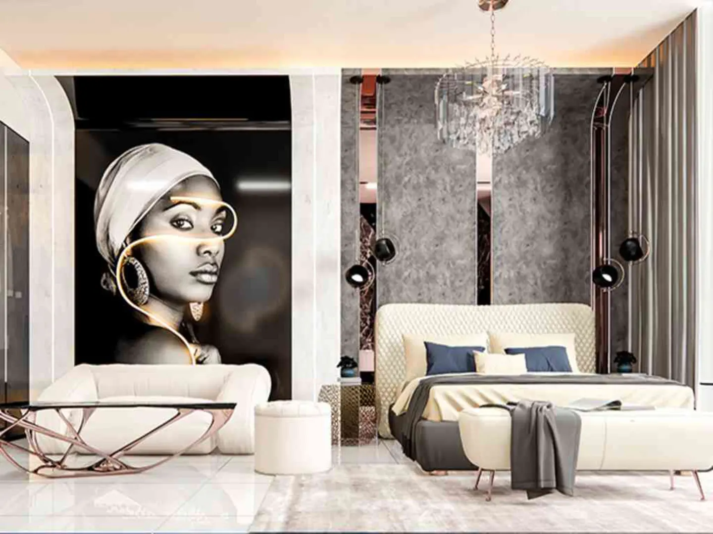 Modern luxury bedroom with a large portrait of a woman, a white bed, crystal chandelier, and grey textured accent wall.