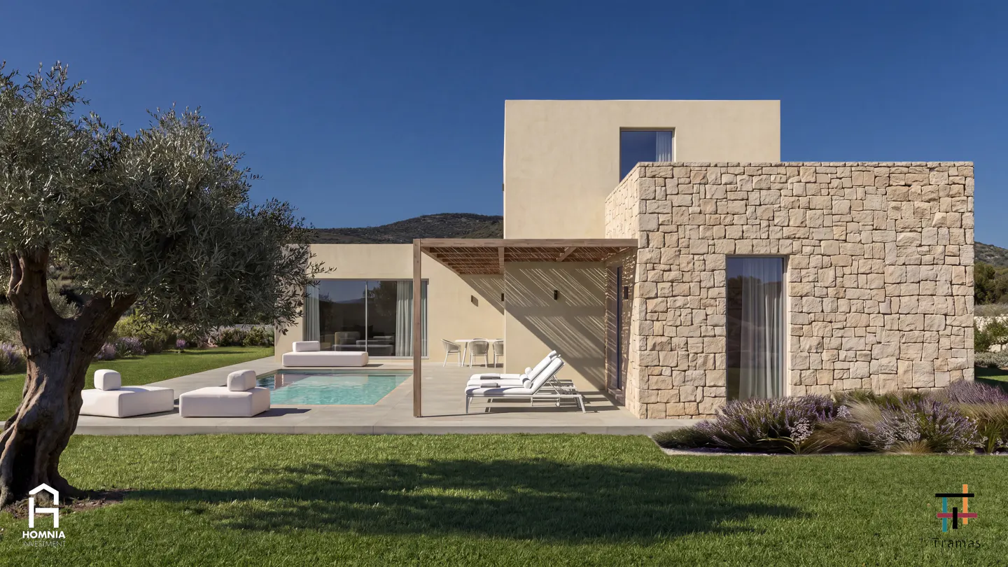 Modern home exterior with a pool, stone accents, and a pergola. White lounge chairs and an olive tree enhance the outdoor space.