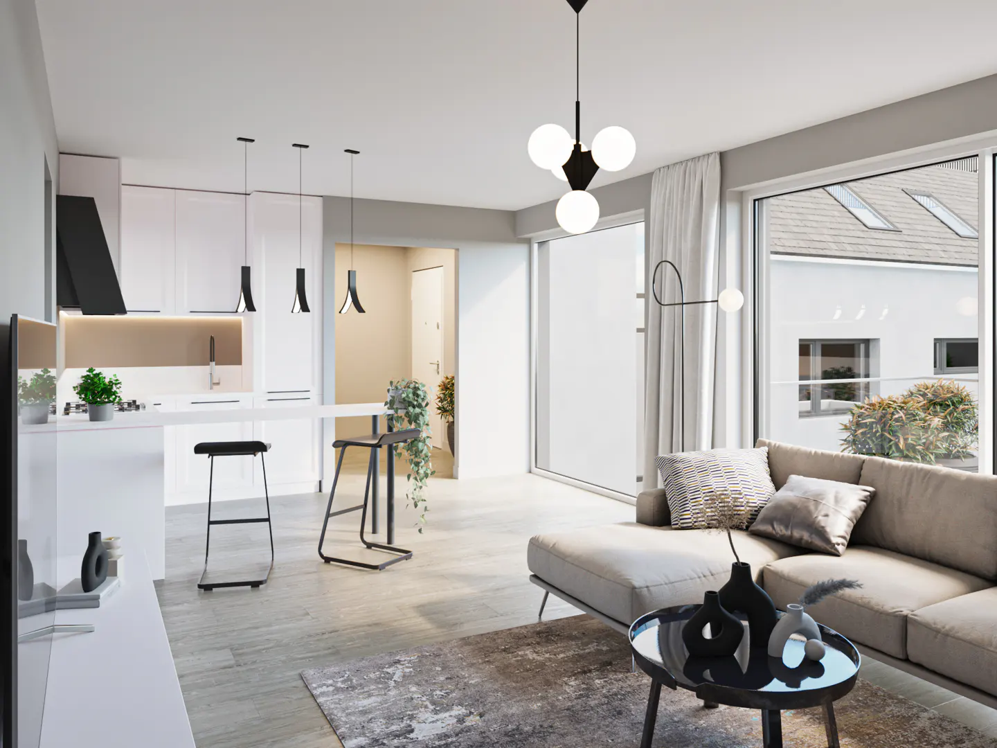 Bright, modern apartment interior with white kitchen, gray sofa, black coffee table, and large windows.