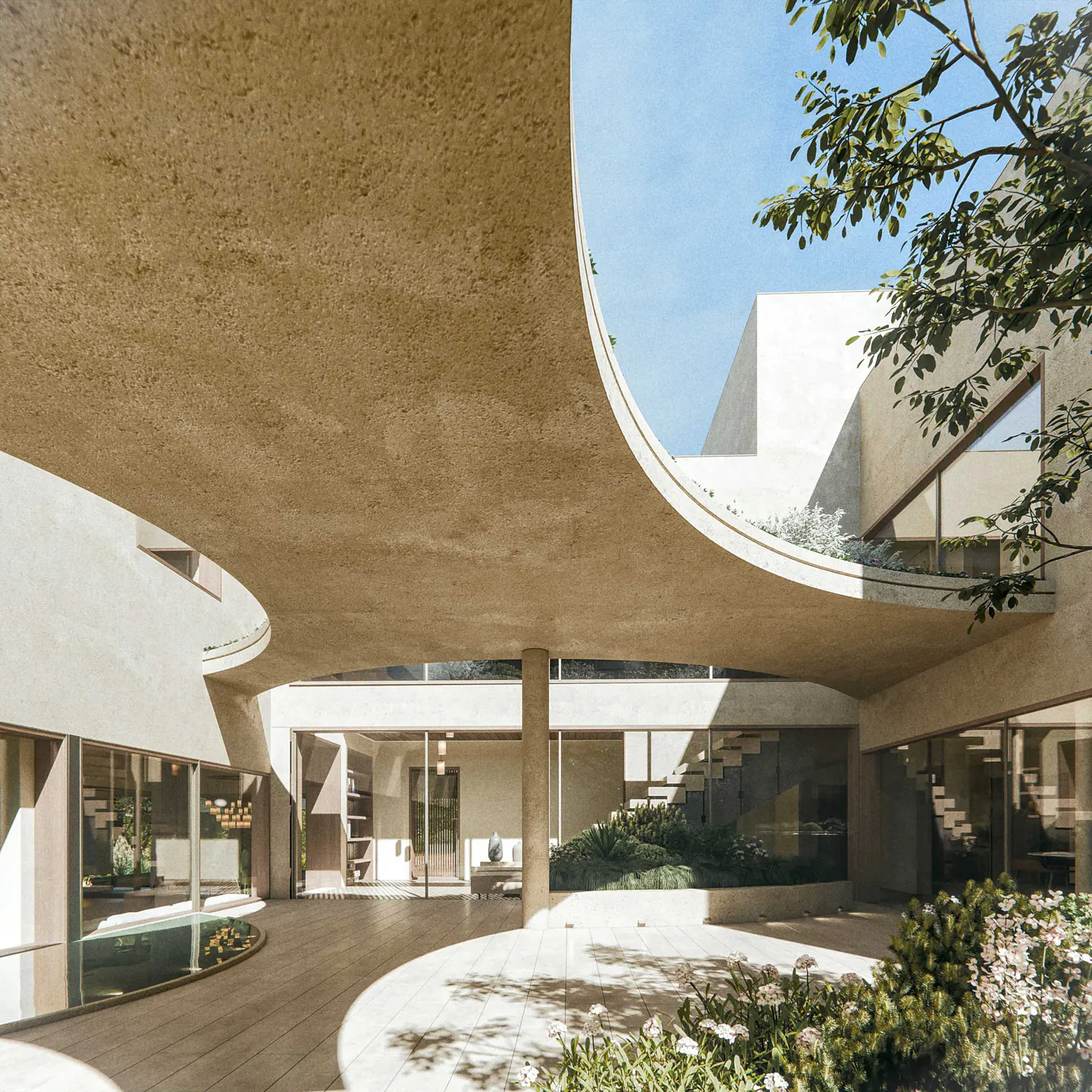 Modern home exterior with curved concrete roof, large windows, and landscaped courtyard. Neutral color palette.