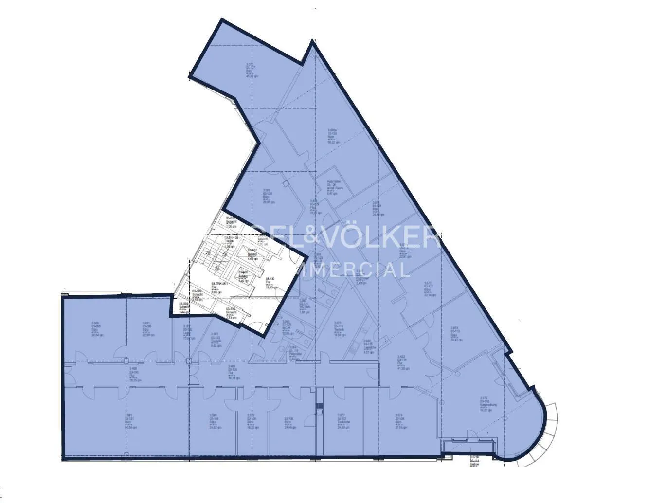 Floor plan of a commercial building with blue shading, showing room layouts, doors, and dimensions. "Engel & Völkers Commercial" is printed on the plan.